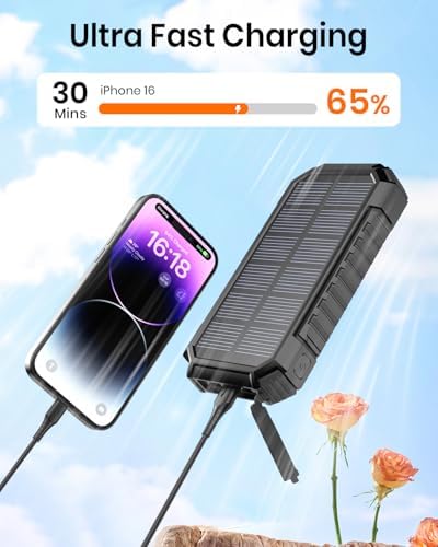 26800 m Ah Riapow Solar Power Bank – High-Capacity Wireless Portable Charger with USB C PD & QC3.0 Fast Charging – 4 Output Ports for Simultaneous Device Charging – Dual Flashlights for Camping & Emergency Use – Ultimate Outdoor Power Solution