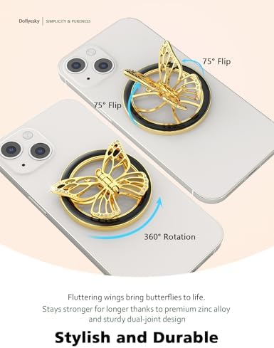 Transform Your Mobile Experience with the Chic Magnetic Phone Grip for Mag Safe – Stylish Butterfly Design in Rose Gold and White, Featuring Versatile Kickstand and Universal Adapter Ring for Enhanced Functionality and Secure Hold