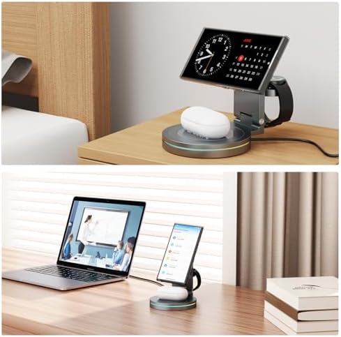 Magnetic 3-in-1 Wireless Charging Station for Samsung Galaxy: Fast, Foldable Dock for S24/S23/S22/Note20, Compatible with Galaxy Watch 7/6/5/4/3 & Galaxy Buds, 360° Adjustable Angles, Sleek Alloy Design for Efficient Heat Dissipation and Safe Charging, Ideal for Home or Travel