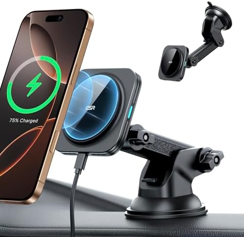 Revolutionize Your Drive with the ESR Qi2 15 W Mag Safe Car Mount Charger – Effortless Fast Wireless Charging for i Phone 12-16 & S25, Secure Magnetic Hold for Dashboard/Windshield, Stylish Black Design, Ultimate Convenience and Enhanced Compatibility