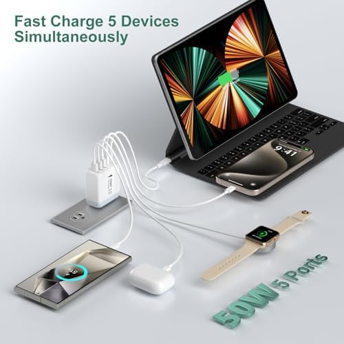 Revolutionize Your Charging Setup with the 50 W Dual-Pack USB-C Wall Charger – 5-Port Fast Charging Hub with Smart Technology for Optimal Device Performance – Compact Power Adapter for Home and Office Use