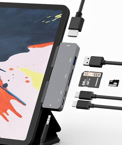 Elevate Your i Pad Pro Experience with Our Versatile 6-in-1 USB C Hub Adapter – Featuring 4 K HDMI, Dual USB 3.0 Ports, 3.5 mm Audio Jack, PD 60 W Charging, and SD/TF Card Slot – Perfect for M2, M1 i Pad Pro 11, 12.9 (2018-2022), i Pad Air, and Mini – Unleash Seamless Connectivity and Effortless Productivity