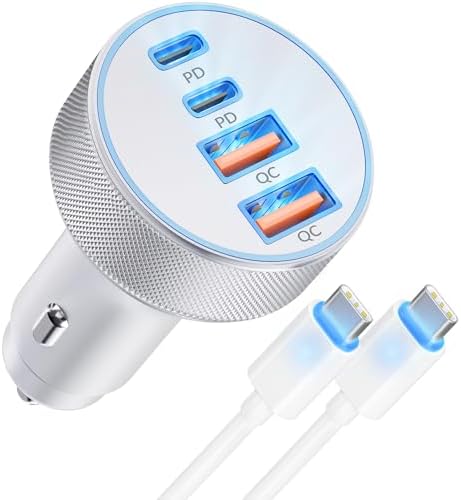4-Port USB C Car Charger with 90 W Super Fast Charging for i Phone 16/16 Pro Max & Android Devices – Dual USB-C & USB-A Adapter with 3 FT Cable for Seamless On-the-Go Power Supply – Ideal for Road Trips and Family Use