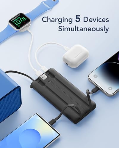 VRURC 10000 m Ah Portable Power Bank with Integrated Cables and LED Battery Indicator – Slim, Lightweight Travel Charger with Dual Input and Five Outputs for Effortless Device Charging – Ideal for Smartphones and Tech Gadgets – Stylish Blue Design (1 Pack) – Ultimate Convenience and Compatibility