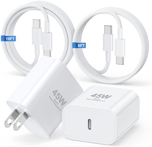 45 W Ultra-Fast USB-C Charger for i Phone 16 Pro Max & Samsung Galaxy S24 – Includes 6 FT & 10 FT Durable Charging Cables for Maximum Flexibility – Efficient Power Adapter for Home, Office, and Travel Use – Stay Charged On-the-Go