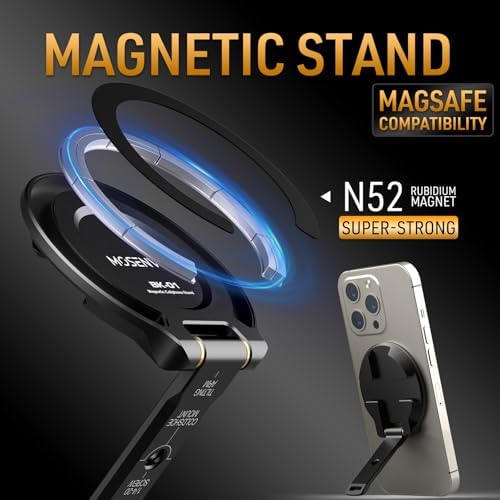 Versatile Magnetic Phone Stand for i Phone 12-16 | Lightweight Foldable Tripod Mount & Desk Holder | Secure Grip for Travel & Photography | 1/4″ Screw & Cold Shoe Compatibility for Tripods & Cameras | Perfect for Video Calls, Streaming, and Content Creation