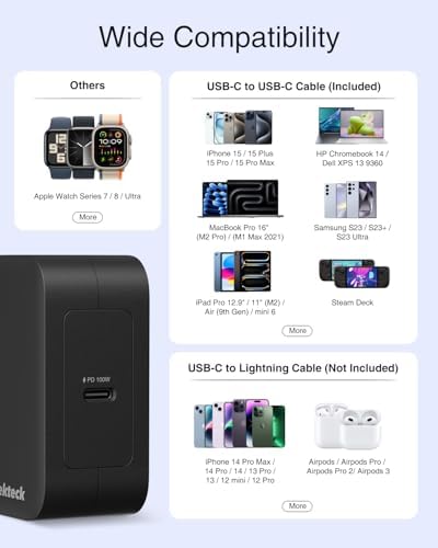 Nekteck 100 W Ga N IV USB-C Charger & 6.6 Ft Cable – Ultra-Fast Power Delivery Solution for Mac Book Pro/Air, i Pad Pro & All USB-C Devices – Compact, Foldable Design with Enhanced Safety Features & 90% Charging Efficiency