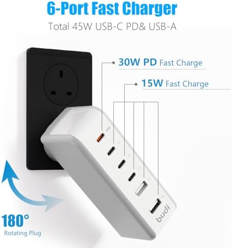 Revolutionize Your Charging Experience with the 6-Port Wall Charger – Compact Multi-Plug Outlet Power Adapter Featuring 180° Rotating Plug and PD 45 W USB-C Charger Block, Perfectly Compatible with i Phone 15 Series, Galaxy Devices, and i Pad for Fast, Efficient Power Delivery and Enhanced Portability