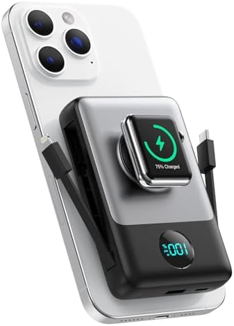 Ultimate 6-in-1 Magnetic Portable Charger, 10800 m Ah Power Bank for i Phone – Features Integrated Cables, Wireless Charging for Apple Watch, Smart LCD Display, and 25 W PD Fast Charging – Perfect Travel Accessory for All Devices with Enhanced Safety Features and Compatibility for i Phone 12 to 16 Series