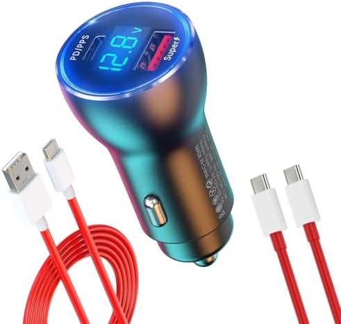 Ultra-Fast Dual Port One Plus Car Charger – 100 W PD Adapter with 2 Durable Cables for One Plus 13, 12, and More – Universal Compatibility with Samsung & i Phone – Compact Travel Essential for Rapid Charging on the Go – Built-in Safety Features for Overheating Protection