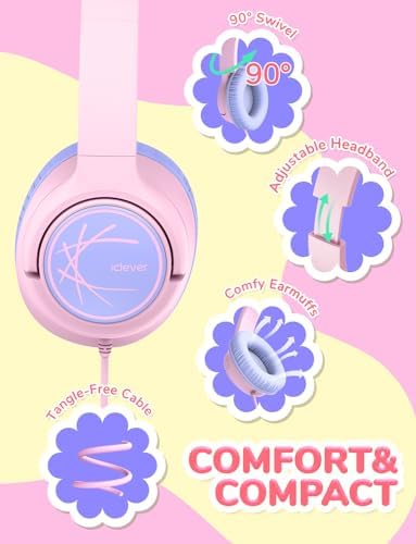 i Clever Kids Headphones: Safe 85 d B Volume Limit, Ergonomic Foldable Design, Superior Stereo Sound, 3.5 mm Jack Compatibility – Ideal for Travel, School & Home Use – Stylish Blue-Green for Boys & Girls