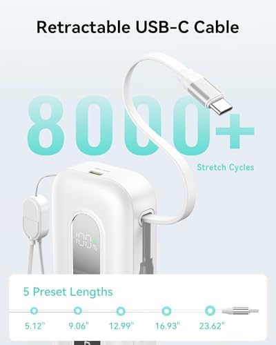 Ultra-Fast 30 W Retractable Portable Charger – 10,000 m Ah Power Bank with Built-In Cables for i Phone, i Pad & Samsung – Airline-Approved Travel Powerbank with Smart Display & Detachable Strap for Ultimate Convenience