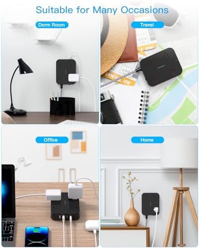 HANYCONY 10 Ft Ultra Thin Flat Extension Cord with 4 AC Outlets & 4 USB Ports (2 USB-C) – Wall-Mountable Power Strip & Desk Charging Station for Seamless Office, Dorm, and Travel Connectivity – Superior Surge Protection & Space-Saving Design