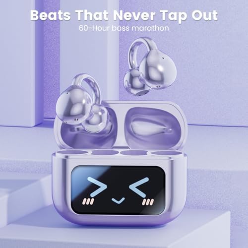Revolutionary M100 Clip-On Open Earbuds with Advanced LCD Touch Control – Wireless Bluetooth 5.4 Headphones in Trendy Purple – 48-Hour Runtime for Unmatched Audio Freedom – Ideal for Active Lifestyles, Sports, and Fitness Enthusiasts Seeking Enhanced Environmental Awareness and Comfort