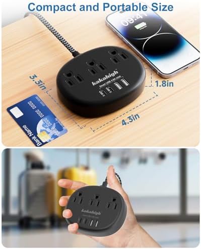 Stylish Brown Extension Cord with 1080 J Surge Protection – 5 FT Flat Braided Design Featuring 3 AC Outlets & 4 USB Ports (24 W/4.8 A) for Fast Charging – Ideal Tan Desk Accessory for Powering Devices Safely & Efficiently