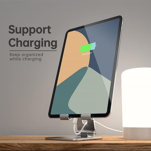TOPGO Adjustable Cell Phone Stand, [Fully Foldable & Wide Compatibility] Desktop Stand Holder with Charging Port for iPhone, iPad, Kindle, Tablets, Switch – Silver – Enhanced Compatibility and Speed