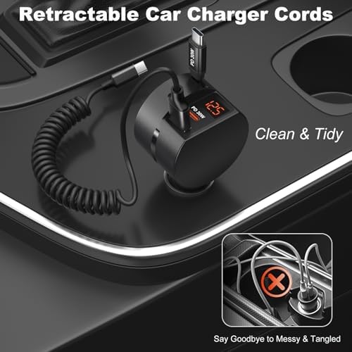 OKRAY 78 W Retractable USB C Car Charger with Coiled Cable – Fast PD30 W Charging for Samsung Galaxy S25, S24, A16 & i Phone 16, 15 Pro Max – Multi-Port 12 V Cigarette Lighter Adapter for Seamless Travel Power Solutions
