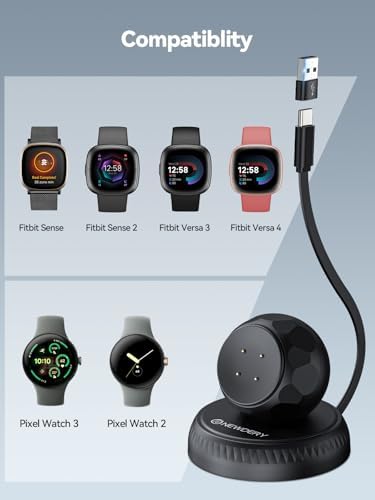 NEWDERY Retractable USB-C Smartwatch Charger Dock: Portable Charging Solution for Pixel Watch 3, 2 & Fitbit Sense 2/Versa 4, 3 – Effortless Power for Active Lifestyles with USB A Adapter & Tangle-Free Design – Essential Smartwatch Accessory for On-the-Go Users