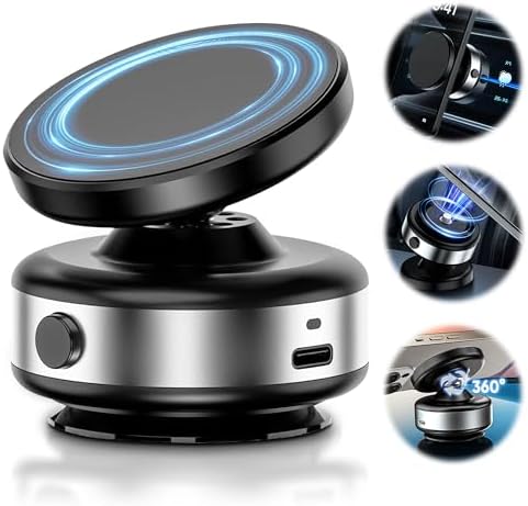 Premium 360° Adjustable Electric Vacuum Suction Phone Mount – Innovative Magnetic Holder for Seamless Car and Gym Use – Designed for Mag Safe i Phones – Effortless Tool-Free Installation with Sleek Silver Finish for Ultimate Convenience and Stability