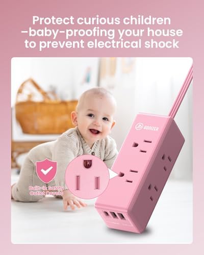 Chic Pink Surge Protector Power Strip by HONIZER – 1080 J Protection with 6 ft Extension Cord, 6 Outlets & 3 USB Ports (1 USB-C) – Stylish Desk Accessory for Home Office & Dorm – Wall-Mountable Design for Clutter-Free Charging – Fast & Reliable Power Solution