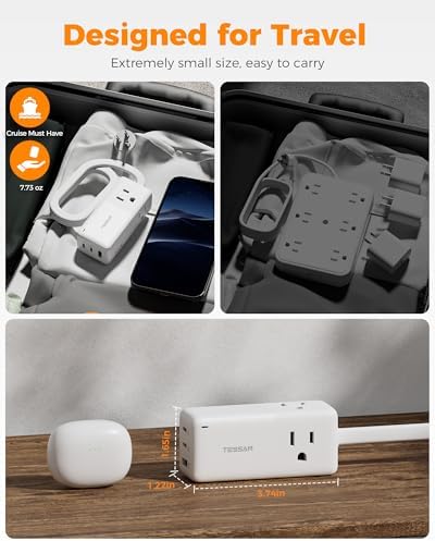 TESSAN 30 W USB Charging Station with Flat Plug & 5 FT Extension Cord – Multiport Fast Charger for Phones, Tablets, Laptops – Perfect Travel Companion with 3 AC Outlets & Enhanced Safety Features for Home and Office Use