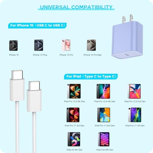 Boost Device Powering with the Apple i Phone 16/15 Fast Charge Essentials Set – MFi Certified 20 W USB-C Blocks & 6 FT Cables in Eye-Catching Purple for Unmatched Charging Speed – Ideal for i Phone 16/15 Series and i Pad with Advanced Durability and Flexibility
