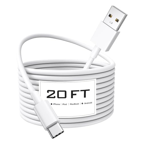 Long USB C Cable 20Ft, White Premium TPE USB A to Type C Cable Charger Cord Fast Charging for iPhone 16 15 Series Samsung Galaxy, Note, LG, Moto, Pixel and Other USB-C Device – Enhanced Compatibility and Speed
