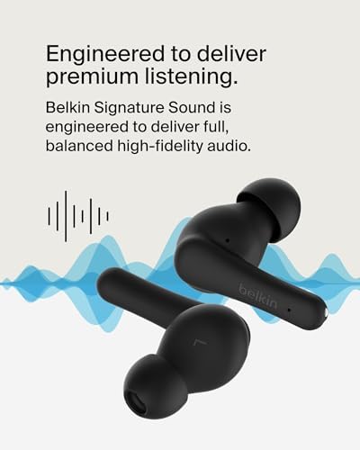 Belkin Sound Form Rhythm True Wireless Earbuds – Superior Sound Quality with 28-Hour Playtime, IPX5 Water-Resistant Design, and Integrated Microphone for Effortless Calls – Fast USB-C Charging for i Phone, i Pad, Galaxy, Pixel & More – Ideal for Active Lifestyles in Sleek White Finish