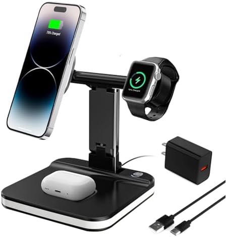 Elevate Your Charging Experience with the Lumi Charge 4-in-1 Qi Wireless Charging Station – Fast, Sleek Multi-Device Dock for Mag Safe, Apple Watch & Air Pods – Innovative Charging Hub Featuring Integrated LED Night Light, USB-C Cable, and Safety Features – Space-Saving Solution for Tech Lovers