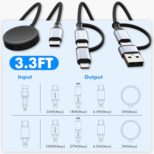 Optimize Your Charging Experience with the 4 in 1 Multi Charging Cable – 100 W Fast USB-C Charger Compatible with Apple Watch, i Phone 16/15/14/13, and Samsung Devices – Lightweight, Tangle-Free Design Ideal for Home, Office, and Travel – Durable Performance for All Your Gadget Needs