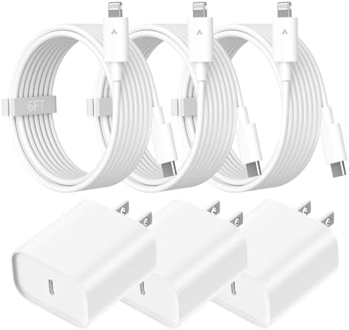 Ultimate 20 W USB C Power Adapter Set for i Phone 14, 13, 12 & 11 – Triple Pack Fast Charging Solution with 6 FT Type-C to Lightning Cables – Ideal for Home, Office, and Travel Efficiency – Overheat Protection & Enhanced Compatibility for All USB-C Devices