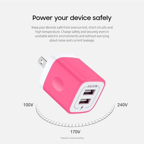 AILKIN Dual Port USB Wall Charger 2-Pack – 2.1 A Fast Charging Adapter for i Phone 15/14/13/12/11 Pro, Samsung Galaxy S23/S22/S21 – Compact Power Block with Quick Charge Technology – Universal Compatibility & Safety Features for Home and Travel