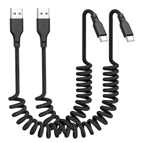 Premium Coiled USB A to USB C Fast Charge Cable – 2 Pack, 3 ft Retractable i Phone Charger for 16/15/Plus/Pro Max & Mac Book Pro – Ultimate Compatibility & Clutter-Free Design for On-the-Go Charging