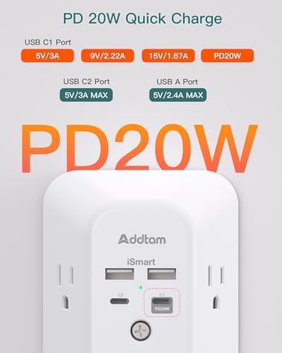 Addtam 5-Outlet Surge Protector with 4 USB Fast Charging Ports – Versatile Outlet Extender Power Strip for Home and Dorm Room Use, Enhanced Safety Features with Built-in Surge Protection, Compact Design for Easy Travel and Maximum Device Compatibility
