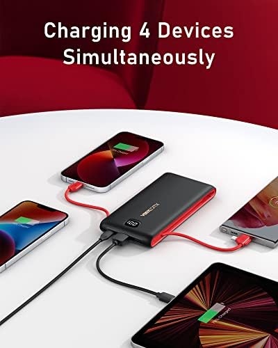 VEEKTOMX 20,000 m Ah Portable Charger with Built-in Cables and AC Wall Plug – Fast Charging Power Bank for i Phone 15/14/13 & Samsung Devices, Slim Battery Pack with LED Display for Ultimate Compatibility and On-the-Go Convenience