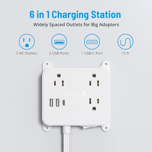 TROND Ultra Thin Flat Extension Cord with 3 USB Ports and 3 AC Outlets – Sleek Wall-Mount Power Strip for Smart Charging in Small Spaces – Perfect for Home, Dorms, and Workstations – Compact Surge Protector for Modern Electronics