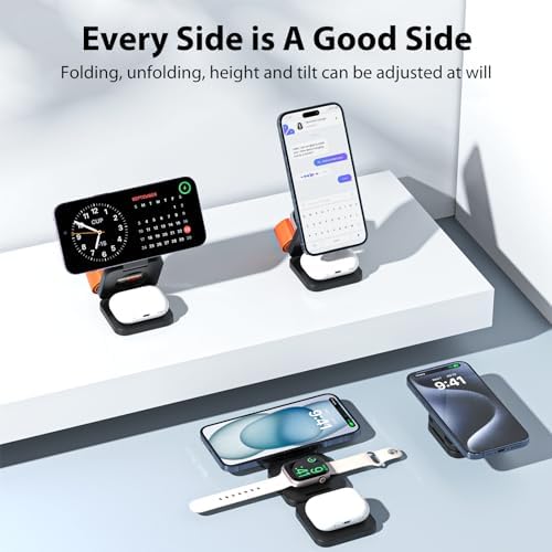 X55 Magnetic Foldable 3-in-1 Charging Station for Apple Devices – 15 W Fast Wireless Charger for i Phone 16, 15, 14, 13, 12 Series, 5 W Apple Watch Power Station, Portable Air Pods Charging Stand – Sleek Black Design for Travel and Home Use