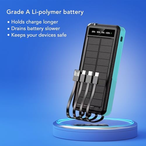 Ultimate Portable Solar Power Bank with Integrated Charging Cables – 10,000 m Ah Waterproof Battery Pack for Phones Featuring USB, Micro USB, Lightning, Type-C, and Wireless Charging – Perfect for Outdoor Adventures and Daily Use (Black Blue)