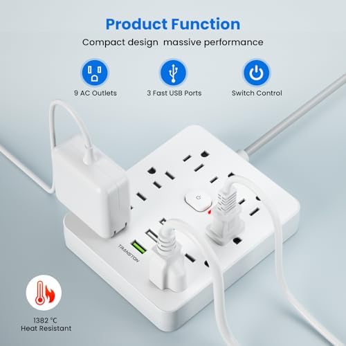 Ultimate Power Strip Surge Protector with 9 Outlets & 3 USB Ports – Fireproof Desktop Charging Hub with Space-Saving Flat Plug for Home & Office, 5 ft Extension Cord, Enhanced Safety & Speed for All Devices