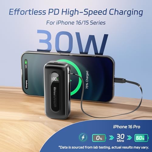 Compact 10,000 m Ah Power Bank with Retractable USB-C Cable – 30 W Fast Charging Portable Charger for i Phone 15/16, Galaxy, and i Pad – Smart LED Display for Travel Convenience and Enhanced Compatibility