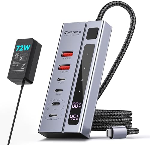 Elevate Your Tech Game with the Minisopuru 6-in-1 Powered USB C Hub – Experience Blazing 10 Gbps Data Transfer and Robust 45 W Charging for i Pad Pro, i Phone, Meta Quest Pro & More – Sleek and Compact Design with 72 W Adapter for Effortless Multi-Device Management