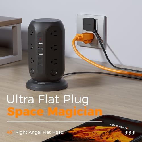 TESSAN Tower Power Strip Surge Protector – 12 Outlets with Individual Switches, 5 Fast-Charging USB Ports (2 USB-C), 10 Ft Flat Extension Cord with Discreet Plug Design – Ideal Multi-Device Charging Station for Office and Dorm Use