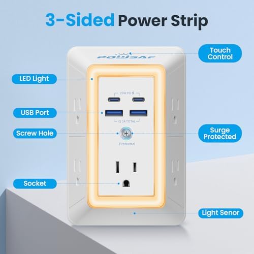 POWSAF 5-Outlet Surge Protector Power Strip with 4 USB Ports Including 2 USB-C PD 20 W for Fast Charging and Integrated Night Light – ETL Certified Multi Plug Outlet Extender with 3-Sided Design for Enhanced Accessibility and Safety in White Finish