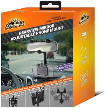 Armor All Phone Mount for Car, Rear View Mirror Phone Holder, 360° Rotatable, Adjustable Telescopic Arm, Car Phone Holder for iPhone, Samsung, & All Cell Phones Between 2.5” in – 3.7” in. Wide – Enhanced Compatibility and Speed