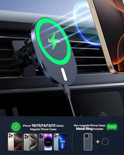 andobil 15 W Wireless Fast Car Charger with Magnetic Mount for i Phone 16/15/14 Series – Effortless Navigation & Charging Solution for Safety-Conscious Drivers – Sleek, Durable Design with Advanced Safety Features for Maximum Performance