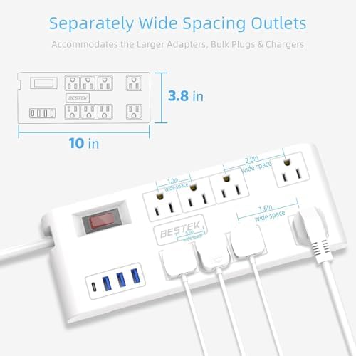 BESTEK 8-Outlet Power Strip with 5-Foot Extension Cord: Multi-Port USB Charging Hub Featuring 3 USB-A (2.4 A) & 1 USB-C (3 A) | 1625 W Max Output with 600 Joule Surge Protection for Enhanced Device Safety | Ultra-Compact Design for Home & Office Efficiency
