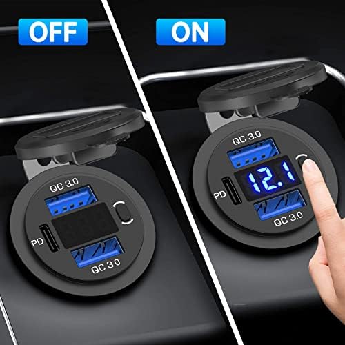 Qidoe 12 V USB Car Charger with Dual Quick Charge 3.0 Ports & 30 W USB-C PD Socket – Waterproof Multi-Device Charging Adapter for Cars, Boats, RVs, and Trucks with Integrated Voltmeter and Power Control Switch for Enhanced Durability and Performance