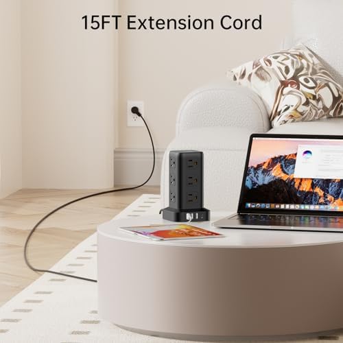15 FT USB C Surge Protector Power Tower with 12 AC Outlets & 4 Rapid Charging USB Ports – Ultimate Overload Protection for Home and Travel Efficiency – Compact, Versatile Charging Solution for Modern Devices