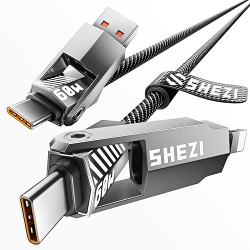 SHEZI Premium 4-in-1 5 FT USB-C Lightning Cable – Versatile Multi-Device Charging Solution with Fast Charging Capability, Durable Nylon Braided Design, and Enhanced Compatibility for i Phone, i Pad, and USB-C Devices – Stylish Grey Finish for Modern Tech Users