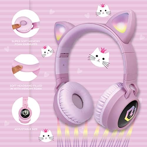 Kid-Friendly Bluetooth Headphones with LED Lights – Safe 85 d B Volume Limit for Young Ears, Foldable Design for Travel Ease, Micro SD Card Playback, Integrated Mic for Calls – Perfect Wireless Audio for Kids’ Adventures and Learning